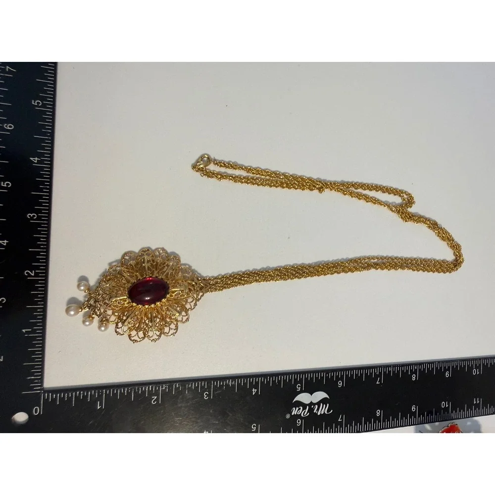 Vintage‎ Gold Tone Filigree Slide Necklace Ruby Red Cabochon Faux Pearl Dangle